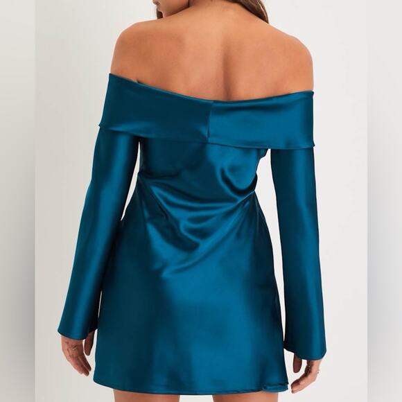Lulus Luxurious Vision Teal Satin Off-the-Shoulder Mini Dress Women’s Sz S - Picture 4 of 10